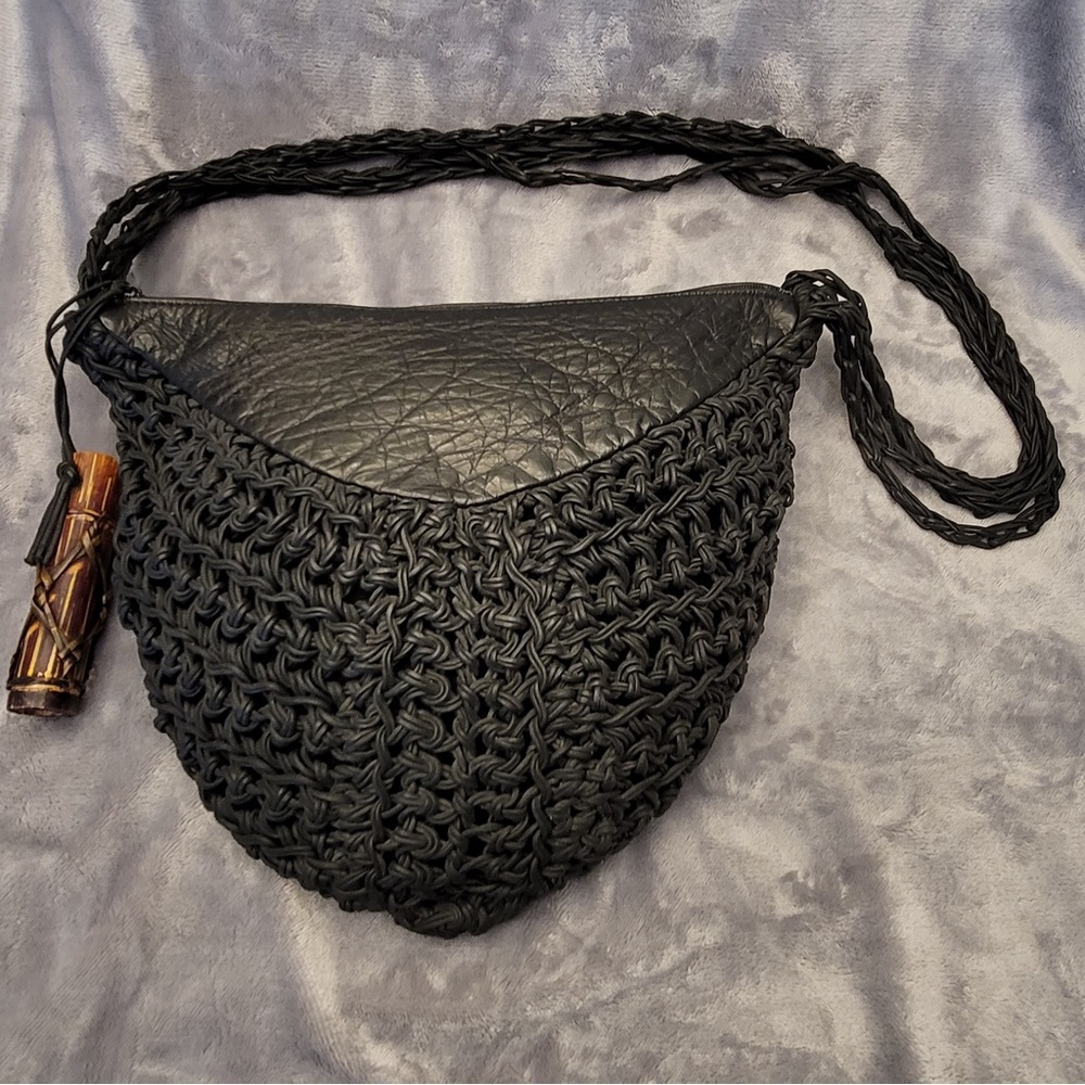 Vintage black leather and crochet hobo bag